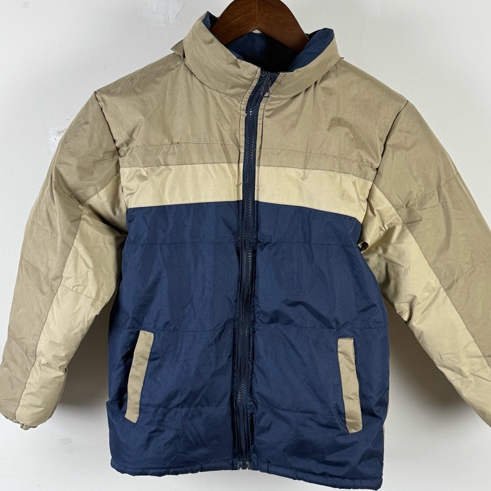 Kids Size 12 Colorblock Puffer‎ Jacket Tan Navy Winter Coat Insulated